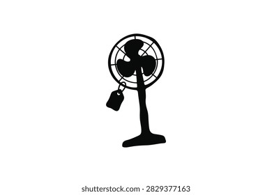 ['A simple black silhouette illustration of an old fashioned electric desk fan featuring a small price tag hanging from the protective metal cage']