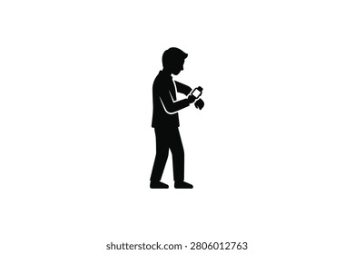 ['A simple black silhouette of a man standing in profile while checking the time on his wristwatch']