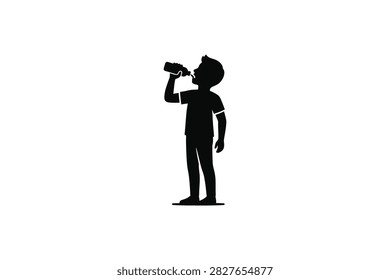 ['A simple black silhouette of a young boy standing and drinking water from a plastic bottle against a white background']