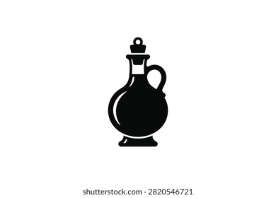 ['A simple black vector graphic of a rounded cruet bottle with a handle and a stopper, isolated on a white background']