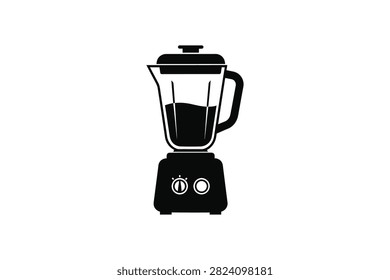 ['A simple black vector graphic of a standard kitchen blender with a glass pitcher and control knobs on the base']