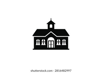 ['A simple black vector icon depicting a classic schoolhouse with a gabled roof, a small belfry, arched windows, and a central double door entrance on a plain white background']