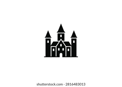 ['A simple black vector icon depicting a fairytale castle with a central tower and two side turrets on a white background']