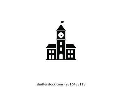 ['A simple black vector icon depicting a traditional schoolhouse or town hall building featuring a central clock tower with a flag on top']