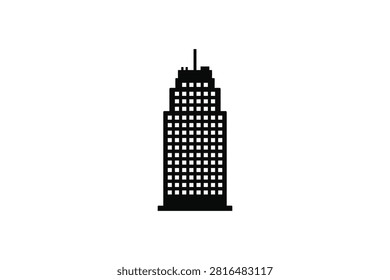 ['A simple black vector icon of a multi-story office building with a central antenna spire and grid-like window pattern']