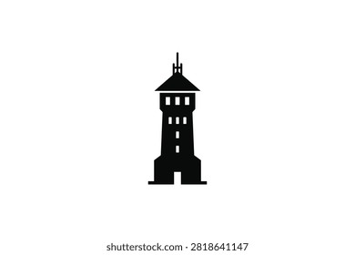 ['A simple black vector icon depicting a classic watchtower with a pointed roof, small windows, and a wide base, isolated on white']