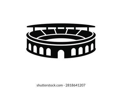 ['A simple black vector icon depicting a circular sports stadium with a roof and arched architectural details on the exterior wall']