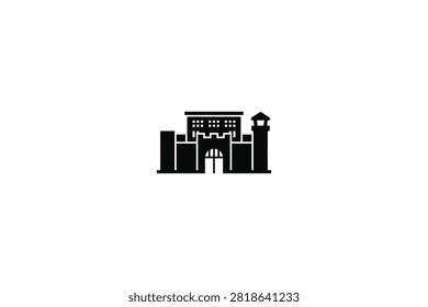 ['A simple black vector icon depicting a fortified castle structure with a central gatehouse and a tall watchtower on the right side']