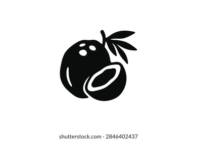 ['A simple black vector icon featuring a whole coconut next to a halved coconut piece with stylized palm leaves attached on a white background']