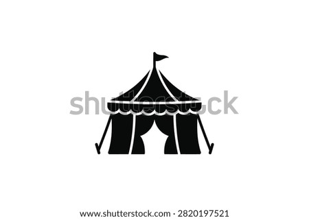 ['A simple black vector icon depicting a traditional circus tent featuring a small flag on top and draped entrance curtains']