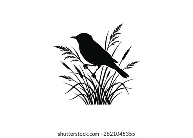 ['A simple black vector illustration of a songbird resting on a cluster of wild grass blades against a white background']