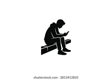 ['A simple black vector silhouette of a hooded individual sitting on a ledge while looking down at a mobile phone']