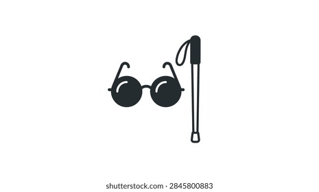 ['A simple black and white vector illustration of round dark sunglasses paired with a walking cane used by blind individuals']