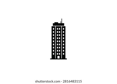 ['A simple flat black icon of a tall commercial skyscraper with multiple windows and a rooftop antenna on a white background']