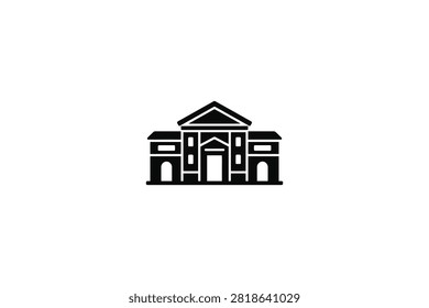 ['A simple flat black vector icon depicting a neoclassical building structure with a central portico and symmetrical wings on a plain white background']