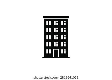['A simple flat vector icon depicting a tall residential building with multiple windows and a central ground floor entrance']