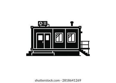 ['A simple flat vector icon depicting a modular container office with a door, windows, stairs, and an air conditioning unit on the roof']