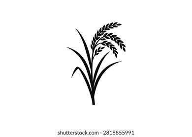 ['A simple graphic icon featuring a stylized rice plant with grain heads and long leaves in a solid black color']