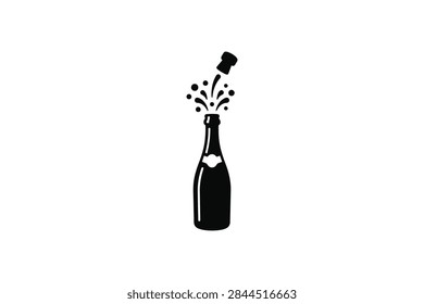 ['A simple graphic icon featuring a silhouette of a champagne bottle with a flying cork and bubbles splashing out, isolated on a white background']