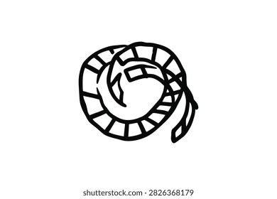 ['A simple line art drawing of a curled strip of motion picture film with rectangular sprocket holes']