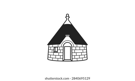 ['A simple vector graphic of a conical roofed stone hut with a small door and window, rendered in clean black outlines on a white background']