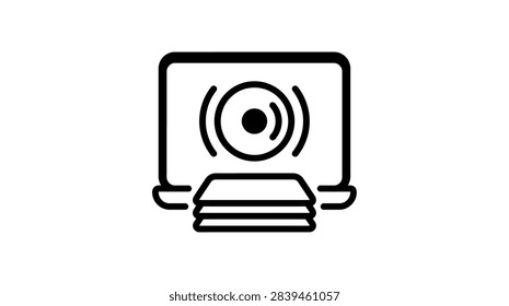 ['A simple vector graphic icon showing a laptop screen displaying a CD symbol with sound waves above a stack of discs or documents']