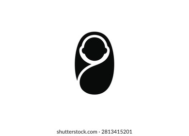['A simple vector graphic silhouette of a baby wrapped in a blanket, representing infancy and care']