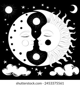 "A simple yet mysterious black-and-white vector drawing depicting the sun and moon, exuding whimsical charm with intricate details
