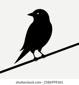 "A single small bird in silhouette, sitting on a telephone wire, monochrome."