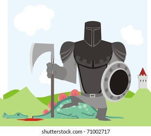 "A too small achievement." - Black knight posing with a slain lizard dragon - vector cartoon illustration