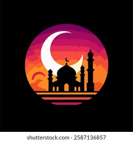 "A soft-toned mosque vector illustration in a circle. Ideal for Ramadan, Eid, and Islamic designs. EPS format, transparent background."