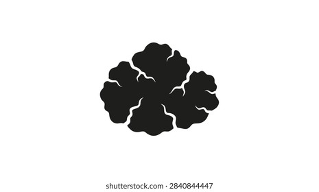 ['A solid black graphic illustration of a rounded, textured object with deep fissures or cracks, resembling a brain, cauliflower, or fractured stone on a white background']