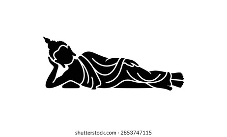 ['A solid black graphic illustration depicting the reclining Buddha resting on his side with his head supported by his hand']