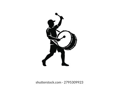 ['A solid black silhouette of a drummer wearing a cap and shorts, striking a large bass drum with a mallet while walking']