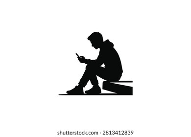 ['A solid black silhouette of a person wearing a hoodie and sneakers sitting on a ledge while holding and looking down at a mobile phone against a white background']