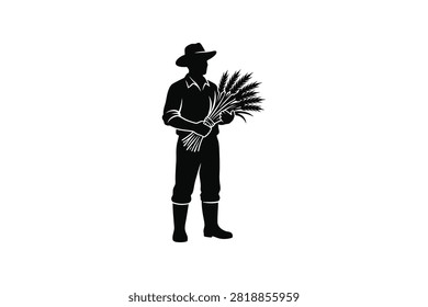 ['A solid black silhouette of a standing farmer wearing a hat and boots, holding a harvested sheaf of wheat in his arms against a plain white background.']