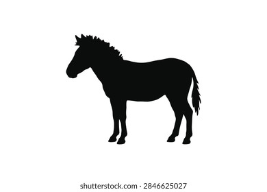 ['A solid black silhouette of a zebra standing in profile, showcasing its distinct mane, tail, and equine body shape against a plain white background.']