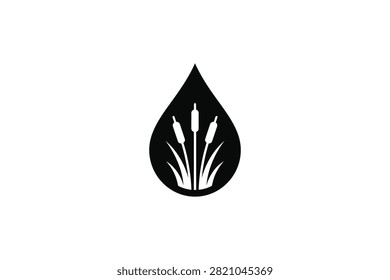 ['A solid black water droplet shape containing a negative space illustration of three cattail reeds growing from grass']