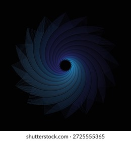 "A sophisticated and dark abstract vector illustration featuring a symmetrical spiral pattern in shades of deep blue and purple. The intricate geometric lines form a stylized floral vortex on a solid black background. Ideal for high-tech backgrounds, cinematic posters, premium branding, and futuristic digital art projects."