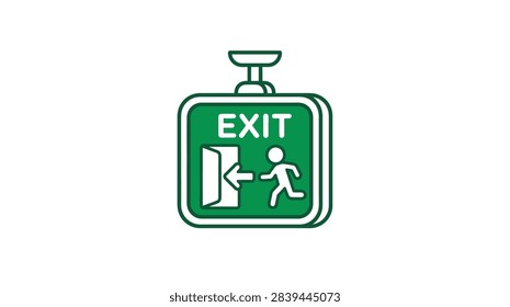 ['A square green exit sign featuring a white pictogram of a running person and an arrow pointing toward an open door, suspended by a mounting bracket']