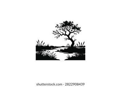 ['A stark black silhouette of a gnarled tree standing beside a reflective body of water surrounded by tall reeds and grasses against a plain white background']
