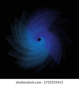 "Eine auffällige abstrakte Vektorgrafik eines leuchtenden blauen und violetten Spiralwirbels, der auf einem pechschwarzen Hintergrund zentriert ist. Die komplizierten, durchscheinenden Schichten erzeugen ein Gefühl von tiefer Bewegung, Energie und kosmischem Fluss. Diese moderne Grafik ist ideal für filmische Hintergründe, Plakate zu Technologiethemen, Science-Fiction-Buchumschläge und futuristische digitale Kunst."