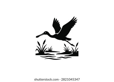 ['A stylized black graphic illustration of a long-billed bird in flight above water reeds and ripples']