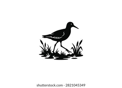 ['A stylized black graphic illustration of a wading bird with a long beak standing amidst small patches of reeds and grass on a white background']