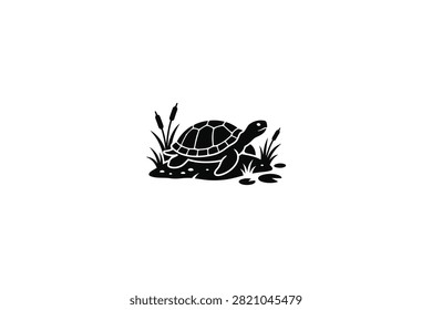 ['A stylized black graphic of a turtle on a grassy mound surrounded by water plants and lily pads on a white background']