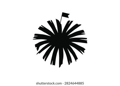 ['A stylized black ink silhouette of a dandelion seed head featuring a tiny flag planted on the highest point of the petals']