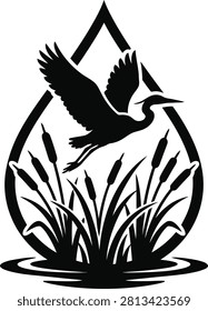 ['A stylized black silhouette of a heron in flight above a cluster of cattail plants, all framed within a large water droplet outline']