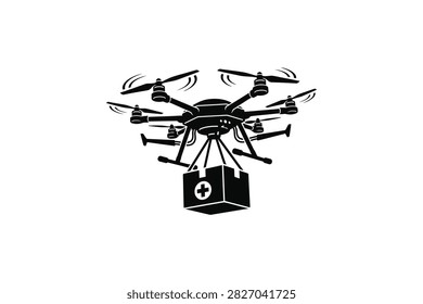 ['A stylized black and white graphic of an octocopter drone in flight, suspending a box marked with a medical cross symbol underneath its frame.']