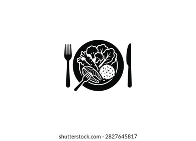 ['A stylized black and white graphic icon featuring a plate with salad, a piece of fish, and a side dish, flanked by a fork and a knife']