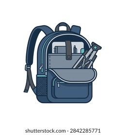 ['A stylized blue backpack with an open main compartment containing a notebook, pen, and a folded tripod, featuring a front pocket and side mesh']